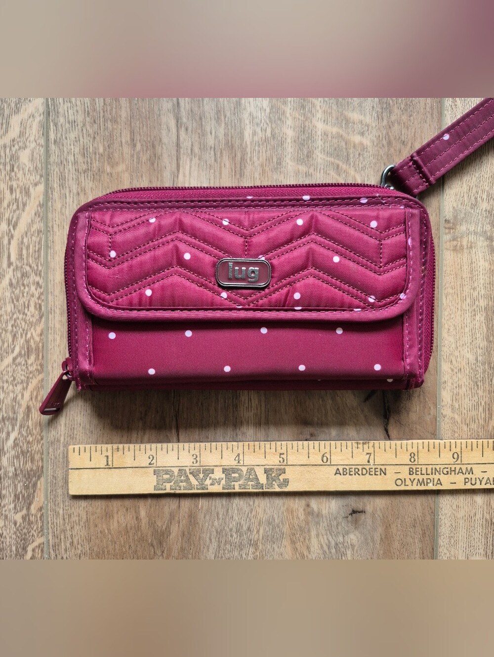 lug Kickflip Women's Quilted Wristlet Wallet in Raspberry Polka Dot RFID - Picture 4 of 8